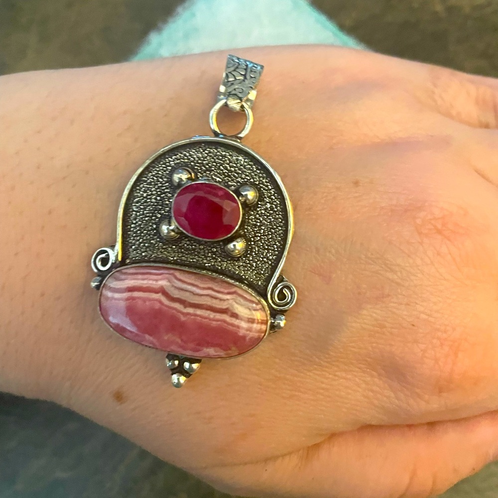 Ruby / Striped Rhodochrosite 925 Sterling Silver Pendant /Hand Crafted ❤️ - Picture 2 of 6
